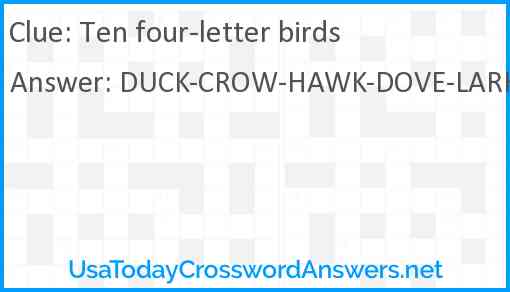 Ten four-letter birds Answer