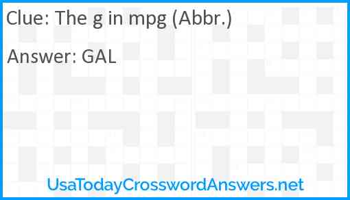 The g in mpg (Abbr.) Answer