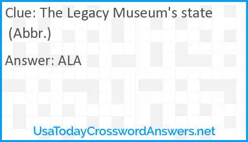 The Legacy Museum's state (Abbr.) Answer