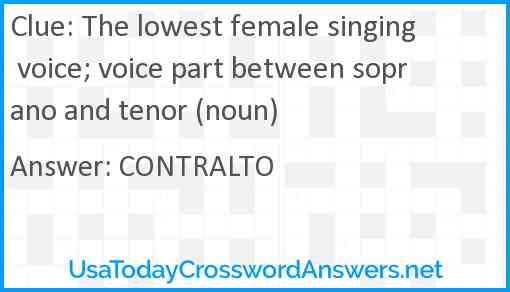 The lowest female singing voice; voice part between soprano and tenor (noun) Answer
