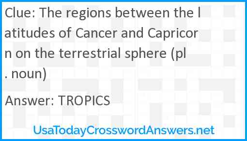 The regions between the latitudes of Cancer and Capricorn on the terrestrial sphere (pl. noun) Answer