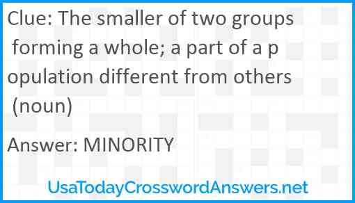 The smaller of two groups forming a whole; a part of a population different from others (noun) Answer