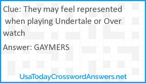 They may feel represented when playing Undertale or Overwatch Answer