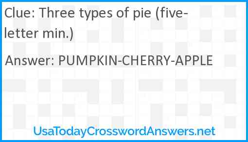 Three types of pie (five-letter min.) Answer