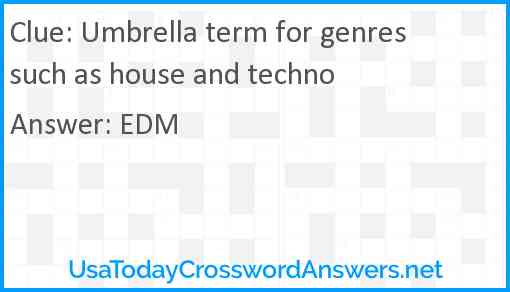 Umbrella term for genres such as house and techno Answer