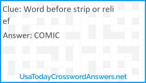 Word before strip or relief Answer