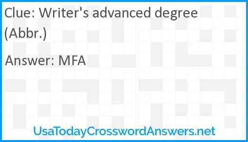 Writer's advanced degree (Abbr.) Answer